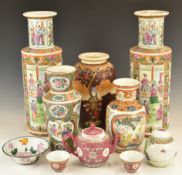 Chinese and Japanese vases with famille rose decoration, teaware and a cloisonné pedestal bowl,