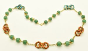 A 14k gold beaded necklace set with aventurine quartz and circular enamel links, from Doha, 48.6g