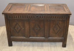 18thC carved oak coffer with panelled hinged lid, W113 x D53 x H69cm