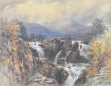 E A Warrington watercolour waterfall landscape, signed and dated 1876 lower left, 38 x 49.5cm, in
