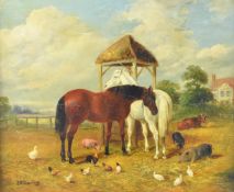 In the manner of J F Herring oil on board study of two horses with chickens, ducks and pigs beside