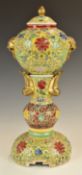 Chinese two part covered censer with enamelled decoration, fish supports and lion mask handles,