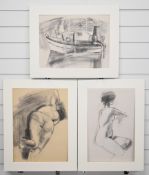Sam Dodwell (1909-1990) three charcoal pictures, two of nude ladies, the other a harbour scene,