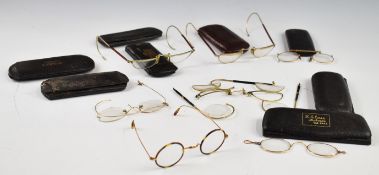 Eight pairs of late 19th or early 20thC vintage gold, tortoiseshell and similar spectacles, in cases