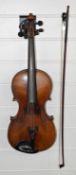 19thC anonymous single piece back violin decorated with floral tailpiece, together with a bow,