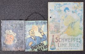 Three metal advertising signs 'Schweppes Lime Juice & Other Cordials', 'Beauty is in the eye of