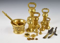 Run of eight Victorian brass bell weights 14lb downwards, the largest three marked R E & F Thorns