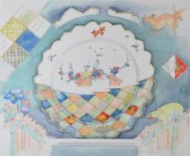 Audrey Macleod (contemporary British) study of a plate with rats and bamboo, signed lower right,