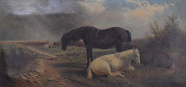 19thC oil on canvas of standing and recumbent horses, signed indistinctly Chartworth or