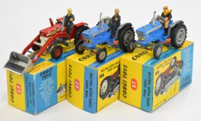 Three Corgi Toys diecast model tractors comprising two Ford 5000 Super Major Tractor 67 and Massey-