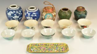 Chinese 19thC famille rose wine pourer, ginger jar and shaped plate etc, tallest 14cm