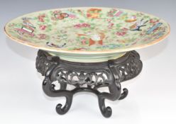 Chinese 19th / 20thC celadon charger with enamelled decoration of flora and fauna, diameter 37.