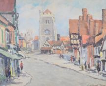 Hugh Boycott Brown (1909-1990) impressionist oil on board townscape with church, signed lower right,