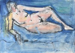 Anthony Hodge (1948-2009) watercolour of a reclining nude, signed lower right, 41 x 58.5cm, in oak