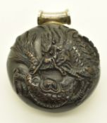 Japanese wooden netsuke carved with a dragon and inlaid signature, on silver pendant mount, 29.6g,