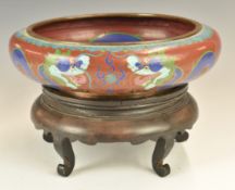 Chinese 19thC cloisonné pedestal dish with dragon decoration, on carved hardwood stand, overall