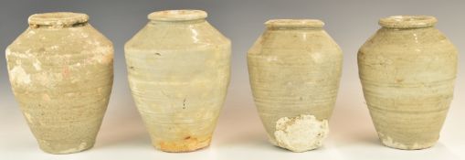 Four Chinese Kangzi period vases with celadon / grey glaze from Vung Tau Cargo, one with original