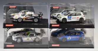 Four Carrera Evolution model slot racing cars including VW Golf 24, Porsche GT3 RSR etc, all in