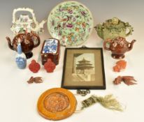 Chinese porcelain and pottery teapots, wine pourers, plate, circular dragon seal, snuff bottles etc,