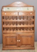 Pine tile backed buffet / wine rack cabinet with two drawers, W101 x D41 x H154cm