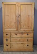Pine housekeeper's cupboard, the top having cupboard doors opening to reveal shelves, the base