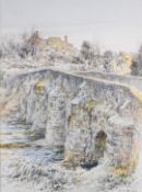 Robert Marley RBA watercolour and pastel 'The Bridge in Winter' likely Tilford near Farnham, Surrey,