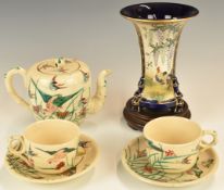 Japanese Satsuma vase on stand and some enamelled teaware, tallest 18cm