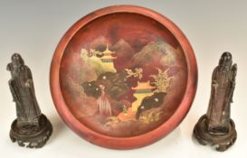 Japanese lacquer pedestal bowl with landscape decoration, height 10cm x diameter 27cm and a pair
