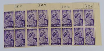 Hong Kong 1948 SG 171a Royal Silver Wedding 10c violet, four examples of mint corner blocks of