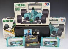 Eight Formula 1 model cars and car kits comprising two Tamiya Leyton House CG901B, Tamiya Benetton