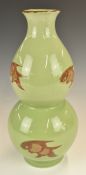 Chinese double gourd vase with crackle glaze decorated with fish, with seal mark to base, height