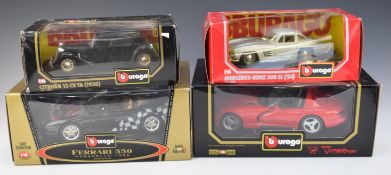 Four Burago diecast model cars comprising Dodge Viper RT10, Ferrari 550 Maranello, Citroen 15 CV