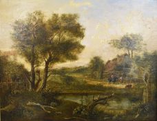 Attributed to Patrick Naysmith (1787-1831) oil on canvas landscape with cottage beside a pond, 34
