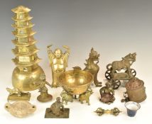 Collection of Chinese, Indian and Tibetan metal ware including brass lantern pagoda, Buddha, figural