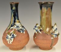 Two Japanese Sumida Gawa pottery pedestal vases with applied figural decoration of children