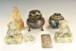Chinese cloisonné censer, pot pourri, Dogs of Fo, soapstone figures, white metal ingot and a