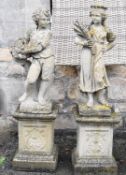 Pair of stone figures on plinths emblematic of Spring and Autumn, height 132cm