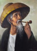 Oil on canvas of an oriental gentleman smoking a pipe, signed Chan, 60 x 43cm