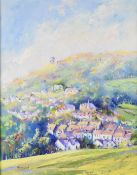 Rhona Cowell acrylic on canvas Wotton-under-Edge, Gloucestershire townscape, signed lower left, 50 x