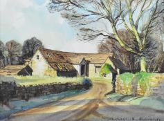 MIchael B Edwards (1939-2009) watercolour landscape with Cotswold stone barn at Little Badminton,