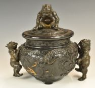 Japanese Meiji period bronze koro and cover with dragon decoration in relief, Greek key design rim
