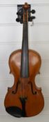 A 19th/20thC two piece back violin overall length 59.3cm, body 35.4cm, lower bout 21.1cm, upper bout