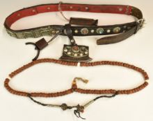 19th/20thC Tibetan / Chinese tailor's belt with white metal mounts set with turquoise / coral, and a