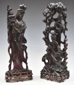 Pair of Chinese 18th/19thC carved cherry amber figures of Guanyin and a pair of musicians, raised on