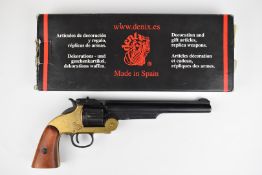 Denix replica six-shot single-action revolver with brass frame and wooden grips, in original box.