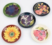 Five Moorcroft pedestal pin dishes including Inca signed by Rachel Bishop, Anemone, Magnolia etc,