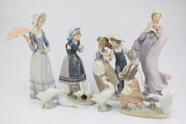 Seven Lladro figurines and geese, tallest 31cm