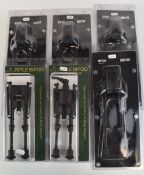 Six Bisley and Decoy adjustable folding rifle bipods, all in original packaging.