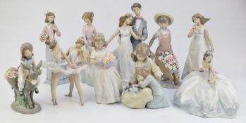 Ten Lladro figures including Afternoon Promenade, Dress Rehearsal etc, all boxed, tallest 25cm