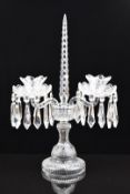 Waterford cut glass candelabra with double lustre and central obelisk finial, 49cm tall.